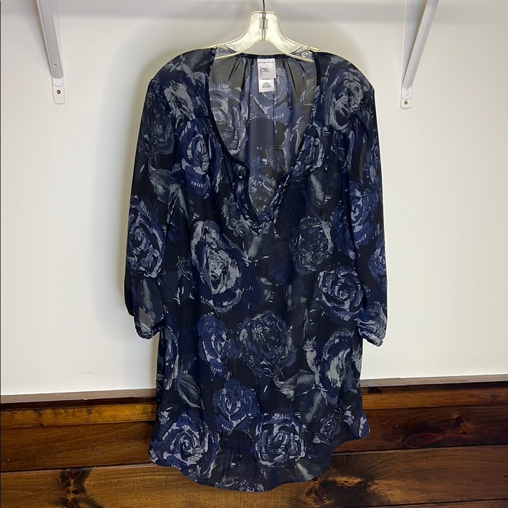 Just My Size‎ Black & Blue Floral Print Sheer Blouse- 4X